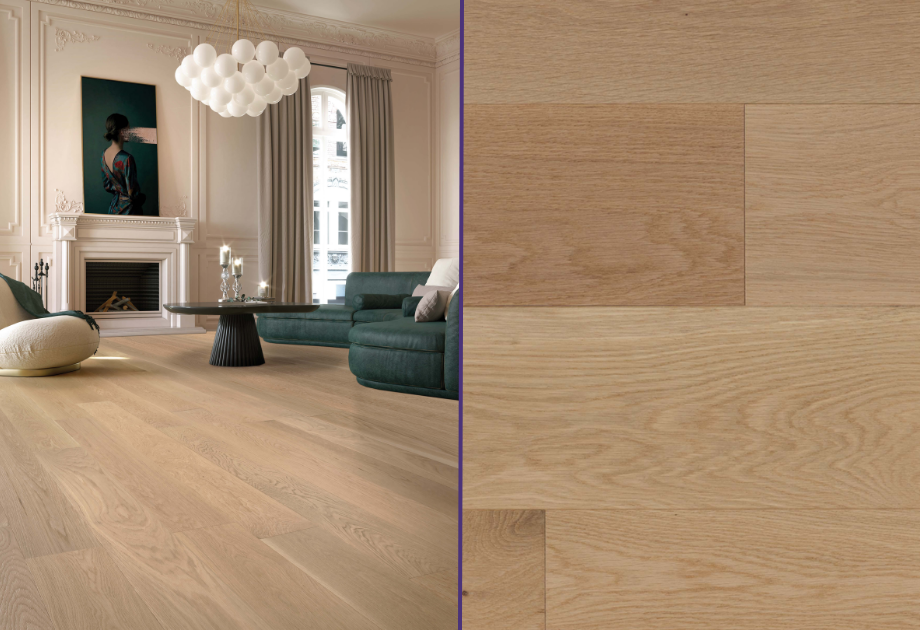 split image of closeup of hardwood floor and living room